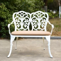 Patio Garden Bench with Floral Rose Design, Seat Cushion, Outdoor Park Bench with Cast Aluminum Frame, 34.5" L x 22.5" W x 34.5" H, White(m-6)