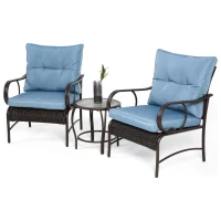 3-Piece Patio Set with Rust-Proof Steel Frame, Weather-Resistant Outdoor Wicker Furniture Set with Rattan Chairs and Coffee Table, Brown+Blue(m-7)