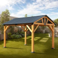 Fir Wood Carport Pavilion Gazebo with Steel Roof, All Weather Protection, Heavy-Duty Wooden Frame, 139" L x 117" W x 104" H, Light Brown(m-4)