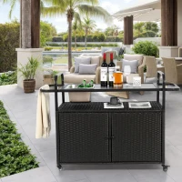 Multifunctional Outdoor Bar Table with Lockable Wheels, Ice Bucket, Side Basket, Wicker Bar Cart with Cabinet, 51.5" L x 19.5" W x 36" H, Black(m-1)