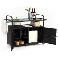 Multifunctional Outdoor Bar Table with Lockable Wheels, Ice Bucket, Side Basket, Wicker Bar Cart with Cabinet, 51.5" L x 19.5" W x 36" H, Black(m-9)