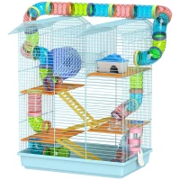 PawHut 18.5" Hamster Cage, 5 Tiers Small Animal House with Tunnel Tube System, Exercise Wheel, Water Bottle, Light Blue(m-2)