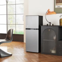 HOMCOM Double Door Mini Fridge with Freezer, 4.6 Cu.Ft Small Refrigerator with Thermostat, Shelves, Reversible Door, Silver(m-1)