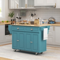 HOMCOM Kitchen Island with Storage, Rolling Kitchen Island with Drop Leaf, Rubber Wood Top and Adjustable Shelves, Light Blue