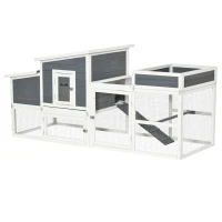 PawHut 76" Wooden Chicken Coop, Outdoor Hen House Poultry Cage with Plant Box, Openable Roof, Outdoor Run, Nesting Box, Removable Tray and Lockable Doors, Grey(m-11)