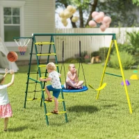 Outsunny 4 in 1 Swing Set for Kids with Saucer Swing, Seat, Climbing Ladder/Net, Basketball Hoop for 3-8 Years Old, Yellow(m-10)