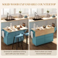 HOMCOM Kitchen Island with Storage, Rolling Kitchen Island with Drop Leaf, Rubber Wood Top and Adjustable Shelves, Light Blue(m-4)