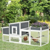 PawHut 76" Wooden Chicken Coop, Outdoor Hen House Poultry Cage with Plant Box, Openable Roof, Outdoor Run, Nesting Box, Removable Tray and Lockable Doors, Grey(m-1)
