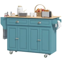 HOMCOM Kitchen Island with Storage, Rolling Kitchen Island with Drop Leaf, Rubber Wood Top and Adjustable Shelves, Light Blue(m-2)