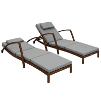 Outsunny Set of 2 Wicker Chaise Lounge Chair Outdoor Patio Lounger with 5 Adjustable Back, Wheels, Cushion, and Armrests, Gray(m-11)