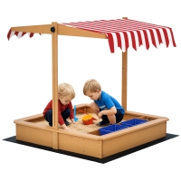Outsunny Kids Wooden Sandbox with Adjustable Height Cover and Toy Bin Storage, Children Sand Play Station Outdoor,Bottom Liner, for Backyard, Ages 3-7