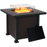 Outsunny 34 Inch Outdoor Propane Gas Fire Pit Table, 50,000 BTU Auto-Ignition Square Wicker-effect Gas Firepit with Glass Wind Guard, Lid, Lava Rocks, Steel Base, CSA Certification, Black(m-1)