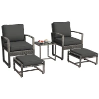 Outsunny 5 Pieces Patio Furniture Set with Armchair, Stool, Table, Cushions, Outdoor Wicker Conversation Sofa Set for Garden(m-11)