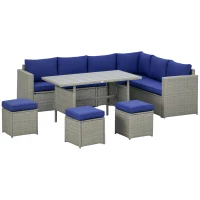 Outsunny 7 Piece Rattan Patio Furniture Set, Outdoor L-Shaped Sectional Sofa Conversation Set with Cushions, Storage, Dark Blue(m-11)