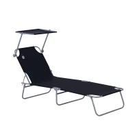 Outsunny Outdoor Lounge Chair, Adjustable Folding Chaise Lounge, Tanning Chair with Sun Shade for Beach, Camping, Hiking, Backyard, Black(m-2)