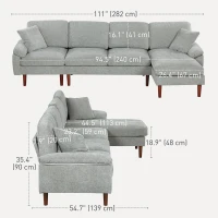 HOMCOM L-Shape Sofa, Modern Sectional Couch with Changeable Chaise Lounge, Pillows and Wooden Legs for Living Room, Grey(m-3)