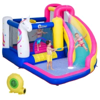 Outsunny Inflatable Water Slide Bounce House with Trampoline, Climbing Wall, Water Cannon, Basketball Hoop, Splash Pool, 450W Blower, Unicorn Themed Bouncy House for Kids 3-8 Years Old(m-1)