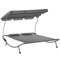Outsunny Double Patio Lounger with Adjustable Canopy, Outdoor Daybed Hammock Lounger with Headrest Pillows, Two Moving Wheels for Poolside, Garden, Grey(m-2)