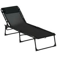 Outsunny Outdoor Folding Lounge Chair, 4-Level Adjustable Chaise Lounge with Headrest, Tanning Chair Beach Bed Reclining Lounger Cot for Camping, Hiking, Backyard, Black(m-2)