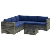 Outsunny 4 Pieces Rattan Wicker Outdoor Conversation Furniture Set w/ Corner Sofa Loveseats Coffee Table Cushions, Navy Blue(m-11)