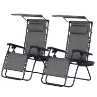 Outsunny 2 Piece Foldable Lounge Chair with Canopy Shade, Outdoor Zero Gravity Chair w/ Side Tray & Cup Holder, Reclining Lounger w/ Breathable Mesh Fabric Seat, Pillow, Dark Grey(m-2)