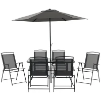 Outsunny 8 Piece Outdoor Dining Set, Patio Furniture Set with Umbrella, 6 Folding Chairs, Rectangle Table and Mesh Seat, Black(m-11)
