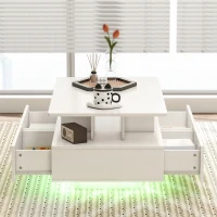 HOMCOM Coffee Table with RGB LED Lights, Modern Living Room Table with 4 Drawers, Open Shelf, Remote Control, High Gloss White(m-10)