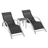 Outsunny 3 Pieces Outdoor Lounge Chair Set, 2 S-Shaped Lawn Chairs and a Glass Table for Patio, Yard, Black(m-11)