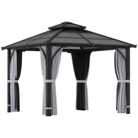 Outsunny 10' x 10' Hardtop Gazebo with 7mm Double Polycarbonate Roof, Outdoor Gazebo with Netting and Curtains(m-11)