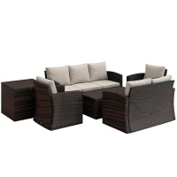 Outsunny 6 Pieces Wicker Patio Furniture Set with Cushions, 7-Seater Rattan Patio Sofa Set with Storage Coffee Table & Side Table, Sectional Outdoor Furniture Set, Cream White(m-11)