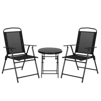 Outsunny 3 Pieces Bistro Set, Foldable Patio Furniture Set with Mesh Chairs, Glass Table for Garden, Balcony, Black(m-11)