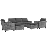 Outsunny 5-Piece Patio Furniture Set with PE Rattan Three-Seater Sofa, Armchairs, Footstools, Cushions, Mixed Gray(m-11)