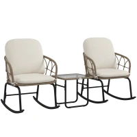 Outsunny 3 Pieces Patio Rocking Chair Patio Set with Cushions, Outdoor Round PE Rattan Wicker Hollow Design Conversation Set with Two Rocker Chairs, Glass Top Coffee Table, Beige(m-11)