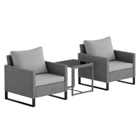 Outsunny 3PCS Patio Set, Wicker Bistro Set with Cushions, Rattan Chairs, Glass Coffee Table for Backyard, Porch, Balcony, Gray(m-11)