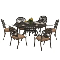Outsunny 7 Pieces Outdoor Dining Set for 6, Aluminum Patio Table and Chairs Furniture Set with Umbrella Hole, Cushions, Bronze(m-11)