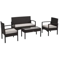 Outsunny 4 Pieces Patio Furniture Set with Loveseat Sofa, Armchairs, Glass Table, Outdoor Wicker Conversation Sofa Set, White(m-11)