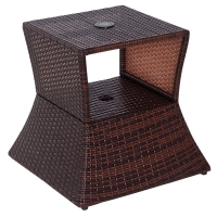 Outsunny Outdoor Side Table with Umbrella Hole, 2 Tier Rattan Wicker End Table with Storage Shelf, All Weather for Outdoor, Patio, Garden, Backyard, Mixed Brown