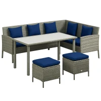 Outsunny 5 Pieces Wicker Patio Conversation Dining Furniture Set with Cushions, Table and Ottomans, Navy Blue(m-11)