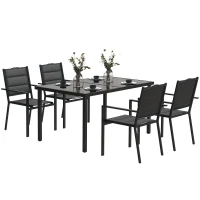 Outsunny 5 Piece Outdoor Dining Set w/ 4 Stackable Chairs, Rectangle Table, Tempered Glass Top, Steel Frame, Black(m-11)
