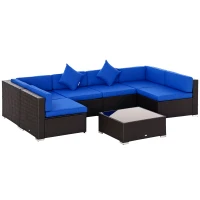 Outsunny 7 Piece Outdoor Patio Furniture Set, PE Rattan Wicker Sectional Sofa Set with Couch Cushions, Throw Pillows and Slat Coffee Table, Dark Brown, Deep Blue(m-1)