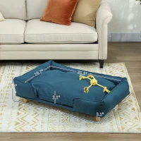 PawHut Raised Dog Couch with Comfortable Cushion, Pine Wood Legs, Foot Pads for Large-Sized Dogs Indoor Use, Dark Blue(m-3)