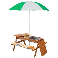 Outsunny Kids 3 in 1 Sand and Water Table, Wooden Outdoor Convertible Picnic Table with Umbrella and Storage Inside, Bench Backyard Furniture for Garden, Patio, or Balcony(m-1)