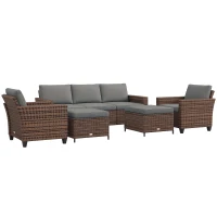 Outsunny 5-Piece Patio Furniture Set with PE Rattan Three-Seater Sofa, Armchairs, Footstools, Cushions, Mixed Brown(m-11)