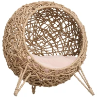 PawHut 20.5" Weaved Cat Bed, Elevated Hand-woven Braided Banana Leaf Kitten House Condo with Cushion, Beige(m-1)