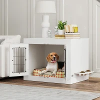 PawHut Dog Crate Furniture with 360° Rotatable Removable Dog Bowls, Two Doors, for Medium Dogs, 31.5" x 24" x 25", White(m-1)