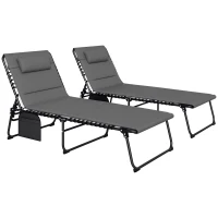 Outsunny Folding Chaise Lounge Chair Set of 2, Reclining Outdoor Lounge Chair Set with Quick Drying Pad Headrest Side Pocket, Tanning Chair Set for Beach Garden Pool, Light Grey(m-11)