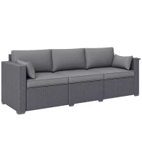 Outsunny 3 Seater Wicker Patio Sofa with Side Trays, Outdoor Couch with 6" Thick Back Cushions, Deep Seating, Grey(m-11)