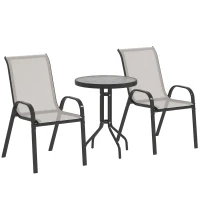 Outsunny 3 Pieces Bistro Set, Small Patio Furniture Set with Stackable Mesh Chairs, Glass Table for Garden, Balcony, Light Grey(m-11)