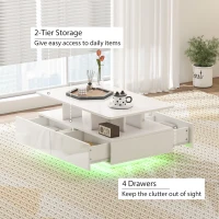 HOMCOM Coffee Table with RGB LED Lights, Modern Living Room Table with 4 Drawers, Open Shelf, Remote Control, High Gloss White(m-5)