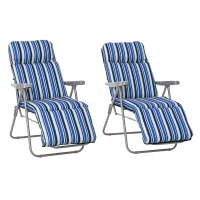 Outsunny Set of 2 Garden Sun Lounger, Outdoor Reclining Seat Cushioned Seat, Foldable Adjustable Recliner, Grey and Blue(m-11)